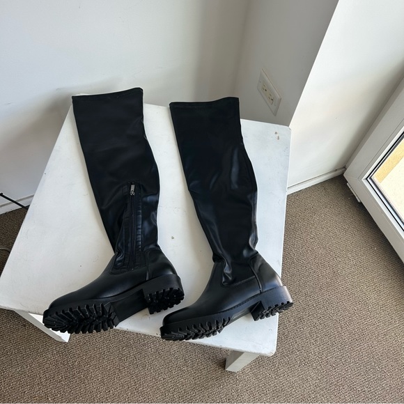 High rise black boots, "minimalist side zipper sock boots" - Picture 4 of 8